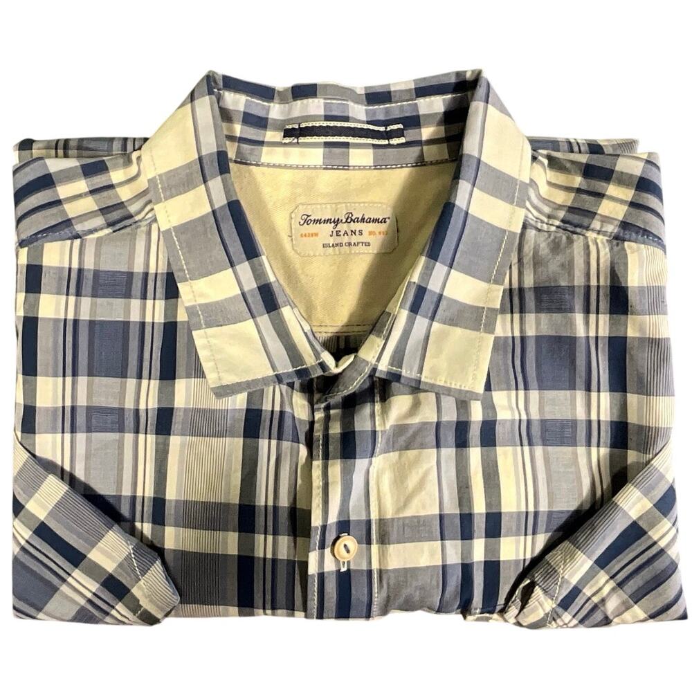 Short Sleeve Button Up Tommy Bahama Jeans XL Shirt Blue White Plaid Cotton Linen